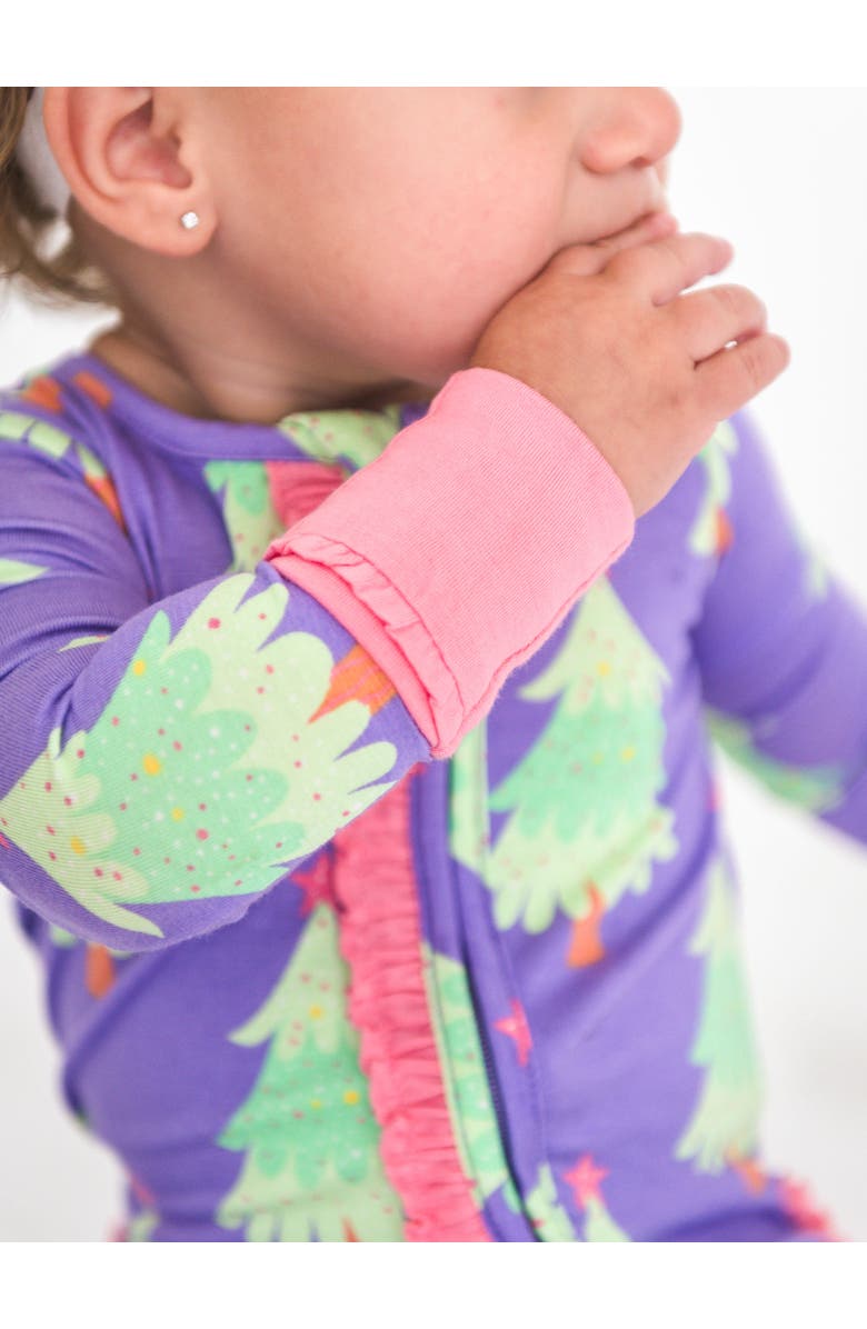 RuffleButts Baby Girls SoftSnooze Convertible Ruffle One Piece Pajama, Alternate, color, Purple Twinkling Trees