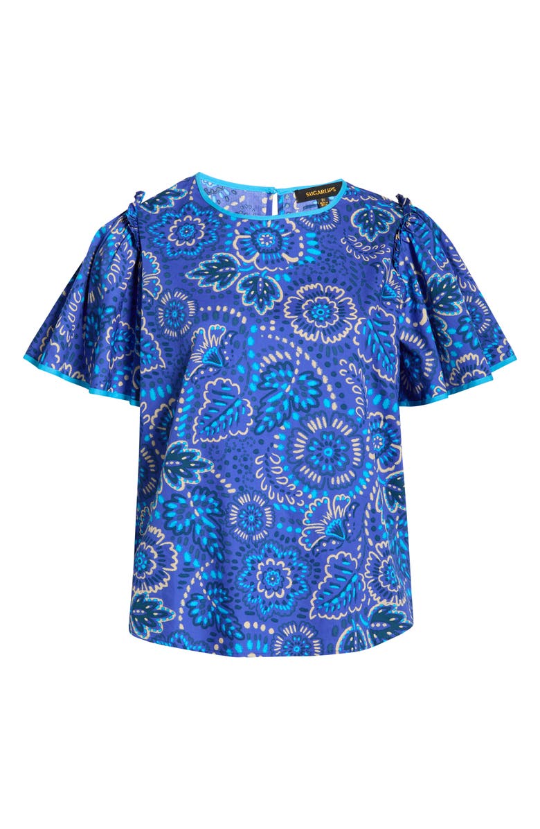 SUGARLIPS Kenner Print Flutter Sleeve Top, Alternate, color, Blue-Cream-Multi
