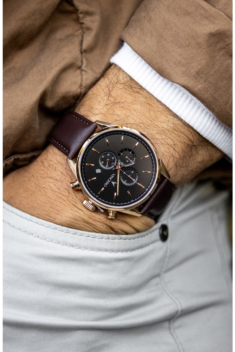 The Chrono S2 Chronograph Leather Strap Watch, 40mm, Alternate, color, BLACK/ ROSE GOLD