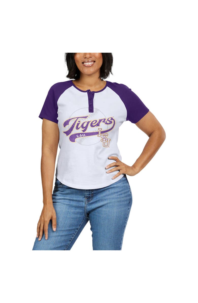 WEAR by Erin Andrews Women's WEAR by Erin Andrews White LSU Tigers Baseball Logo Raglan Henley T-Shirt, Alternate, color, 