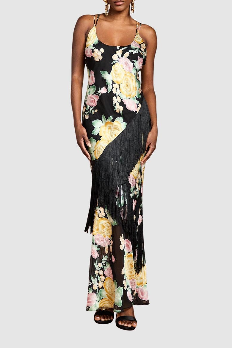 Strappy Floral Fringe Maxi Dress, Alternate, color, Black