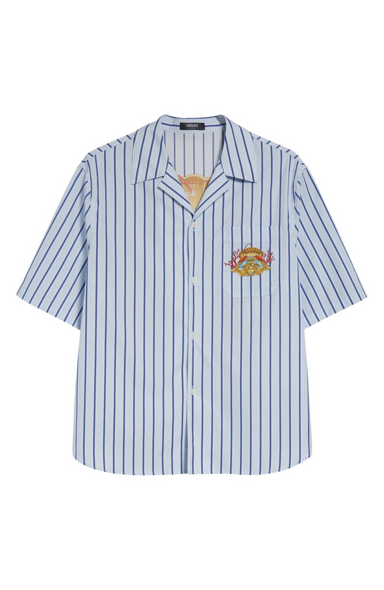 Versace Dive in Crest Cotton Poplin Camp Shirt, Alternate, color, Blue Stripes Multi