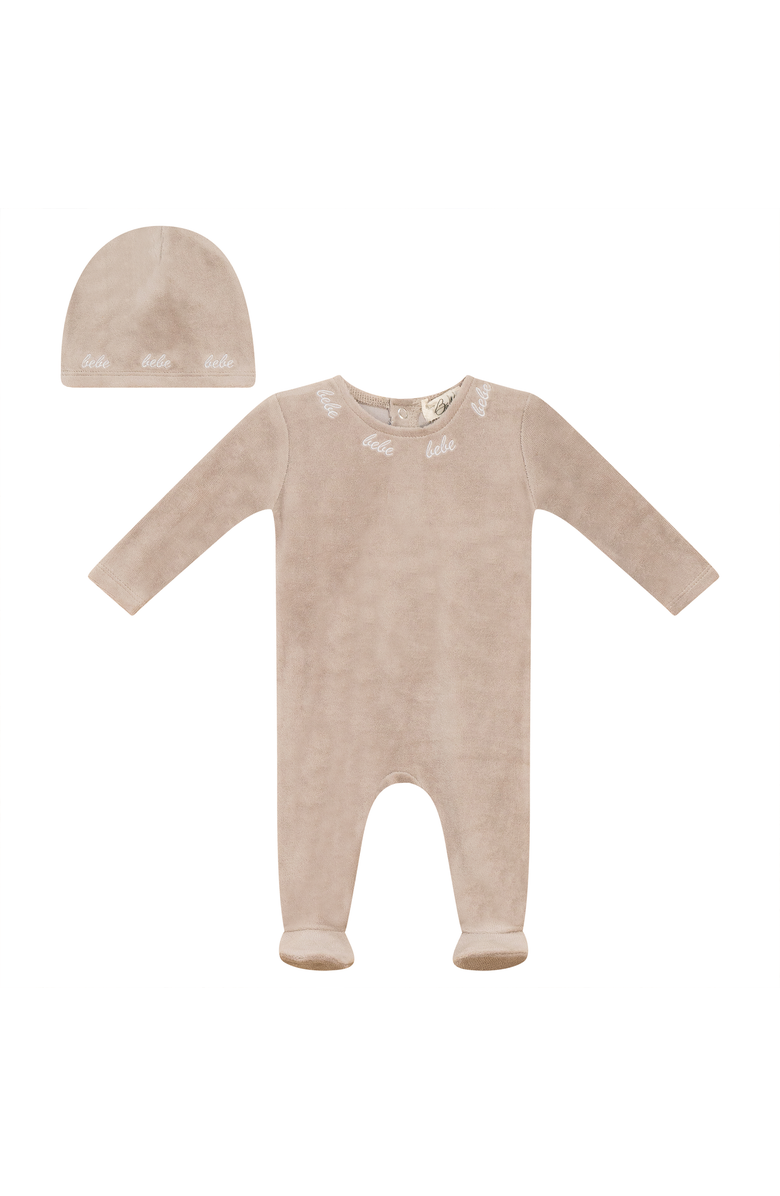Bebe Bella Bebe Embroidered Velour Romper with Hat, Main, color, Beige