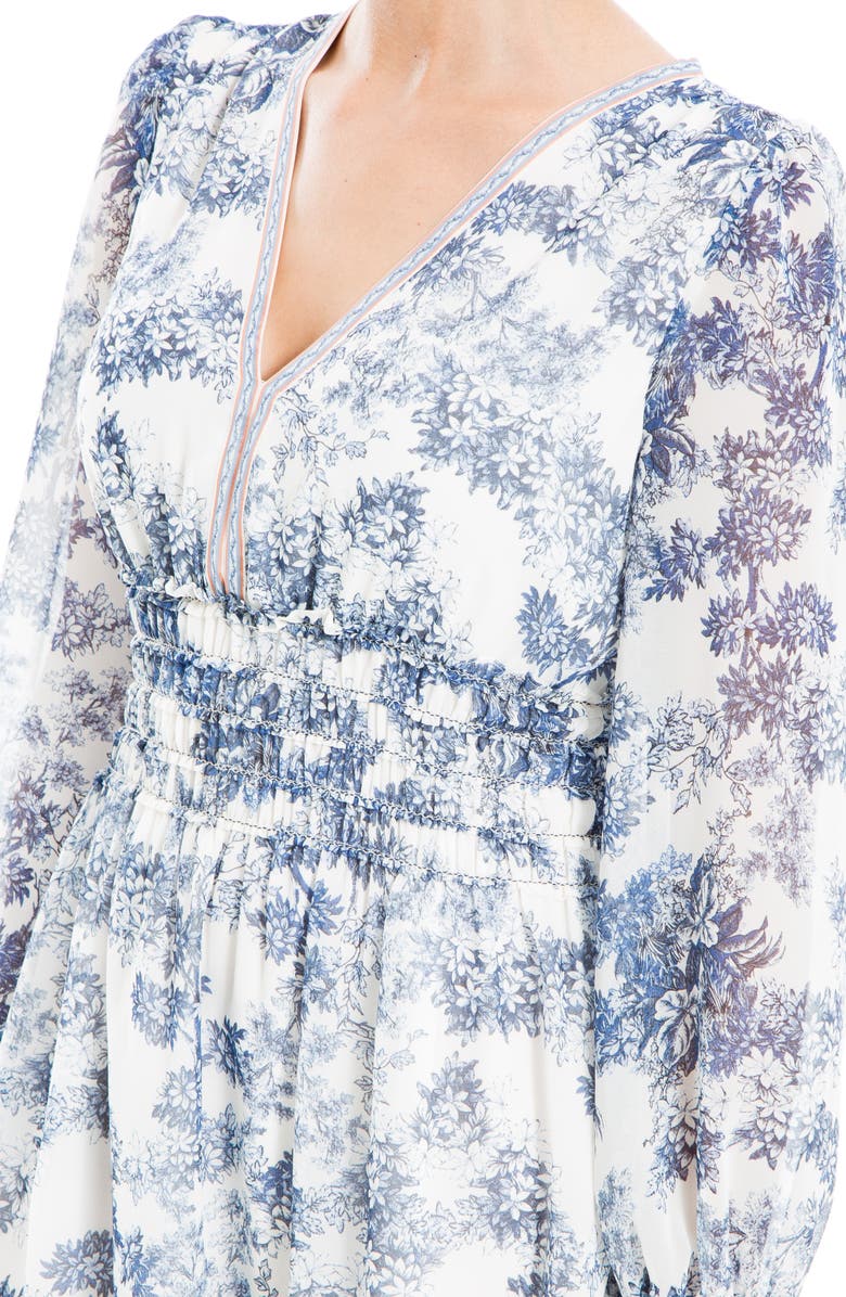 MAX STUDIO Long Sleeve Smocked Georgette Minidress, Alternate, color, White/Blue Multi