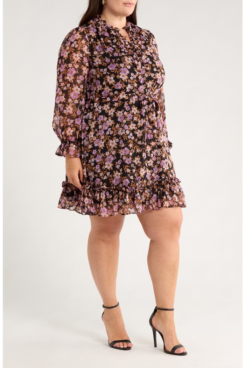 Floral Print Tie Waist Long Sleeve Dress, Alternate, color, RICH BLACK