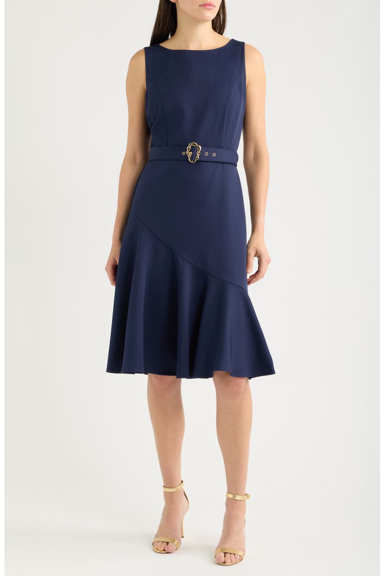 Belted Ruffle Hem Crepe Dress, Main, color, NAVY