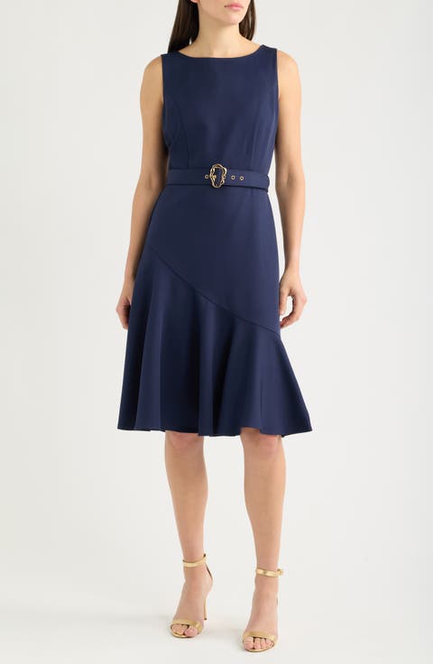 Belted Ruffle Hem Crepe Dress