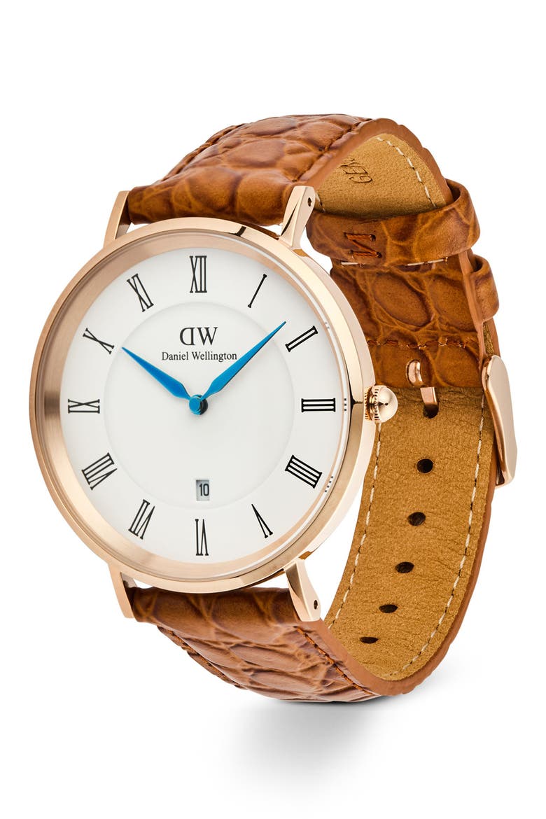 Classic Roman Numerals Leather Strap Watch, 40mm, Alternate, color, WHITE/ ROSE/ TAN