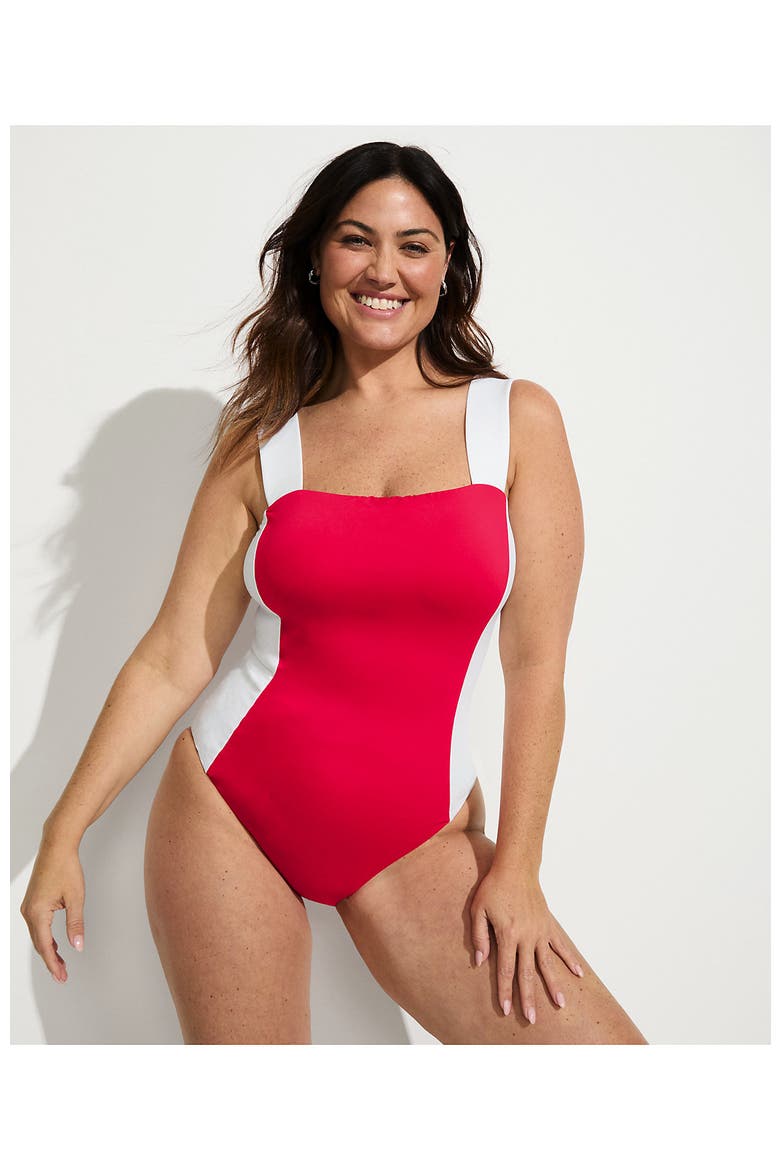 Square Neck High Leg One Piece Swimsuit, Alternate, color, Coral Rose/White