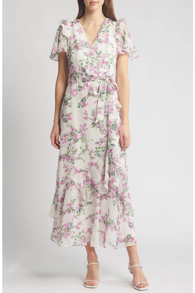 Floral Wrap Front Dress, Main, color, LILAC WHITE