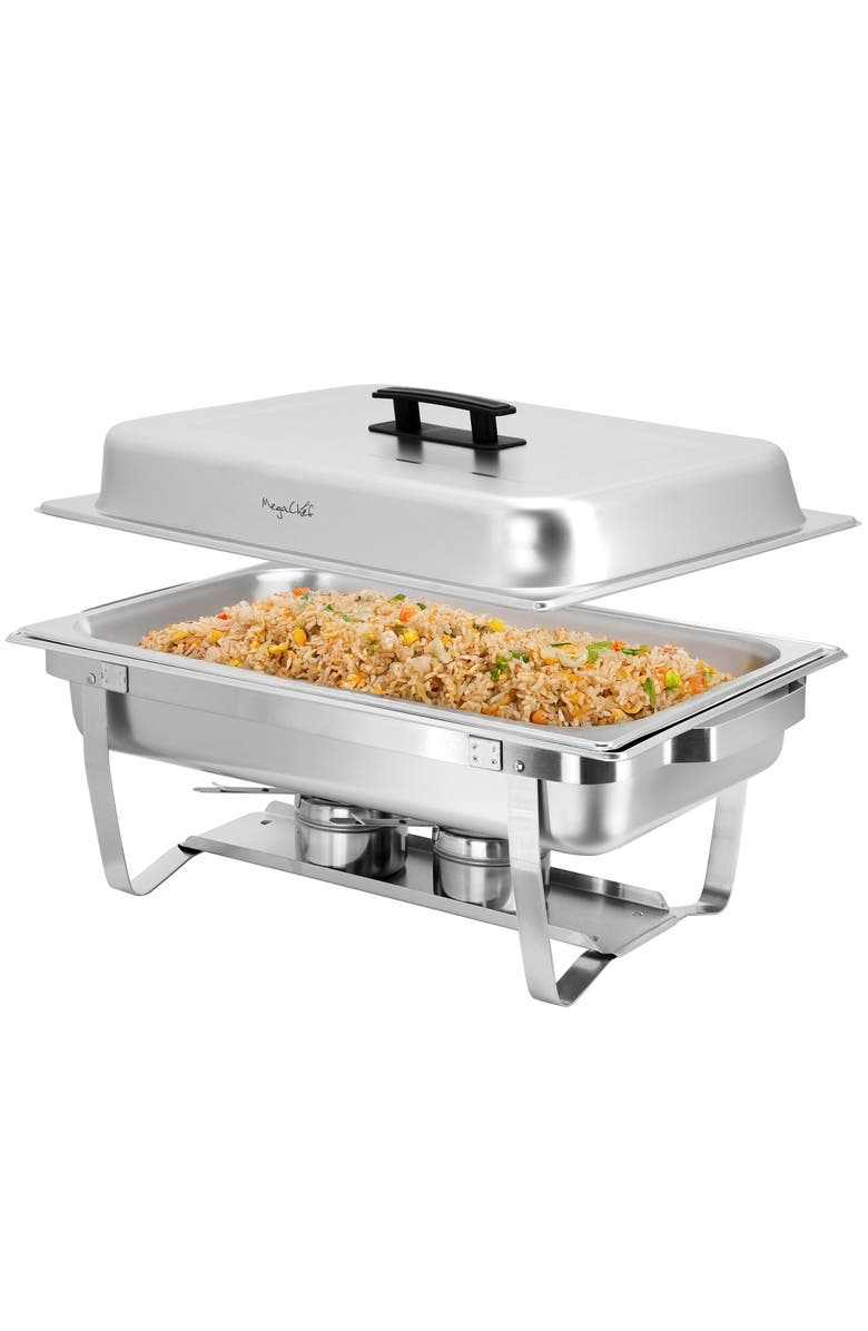 Megachef 9.5 Quart Foldable Stainless Steel Professional Chafing Dish/Food Warmer/Buffet Server Serving Trays, Main, color, Silver