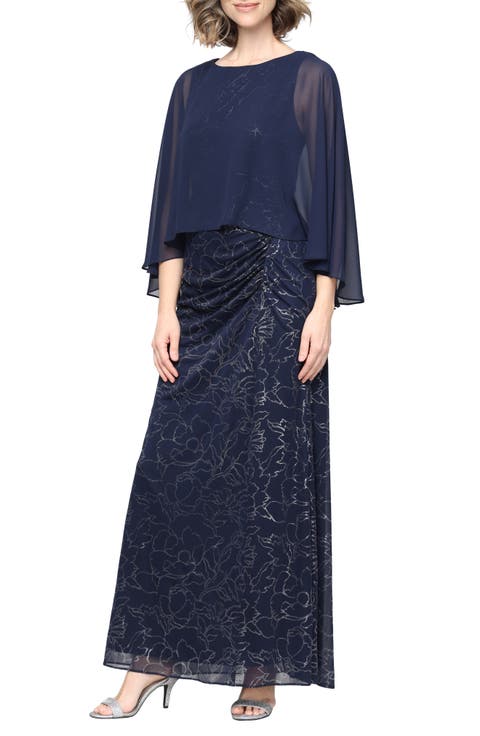 Cape Sleeve Floral Glitter Mesh Gown