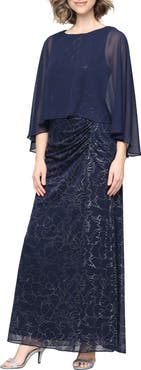 SL FASHIONS Cape Sleeve Floral Glitter Mesh Gown