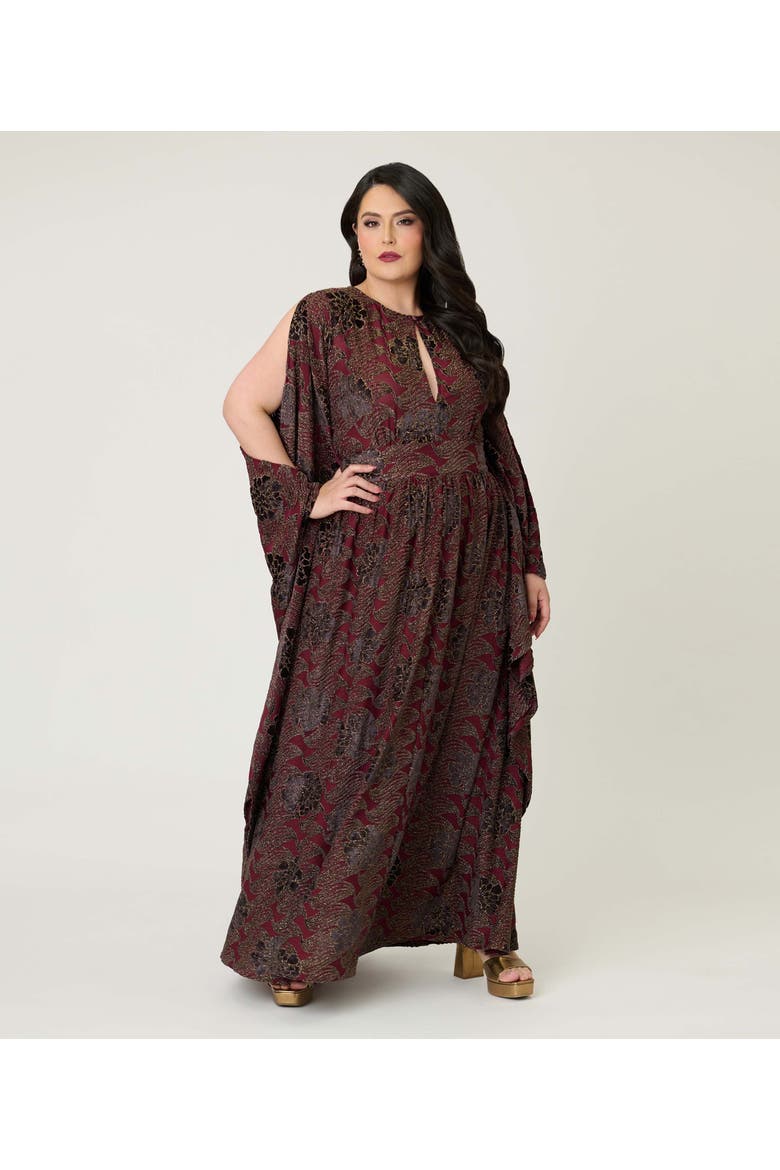 Plus Size 1960s Flutter Sleeve Caftan, Main, color, Burgundy Floral