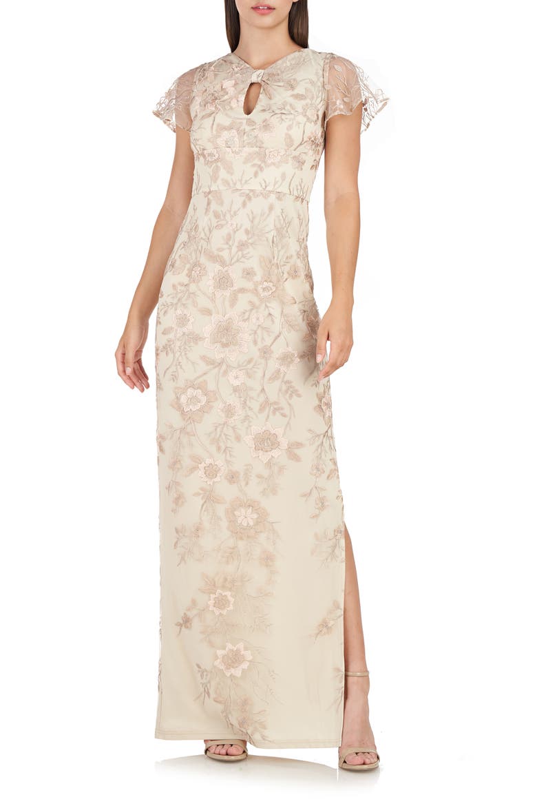 Jorden Bow Embroidered Column Gown, Main, color, CHAMPAGNE