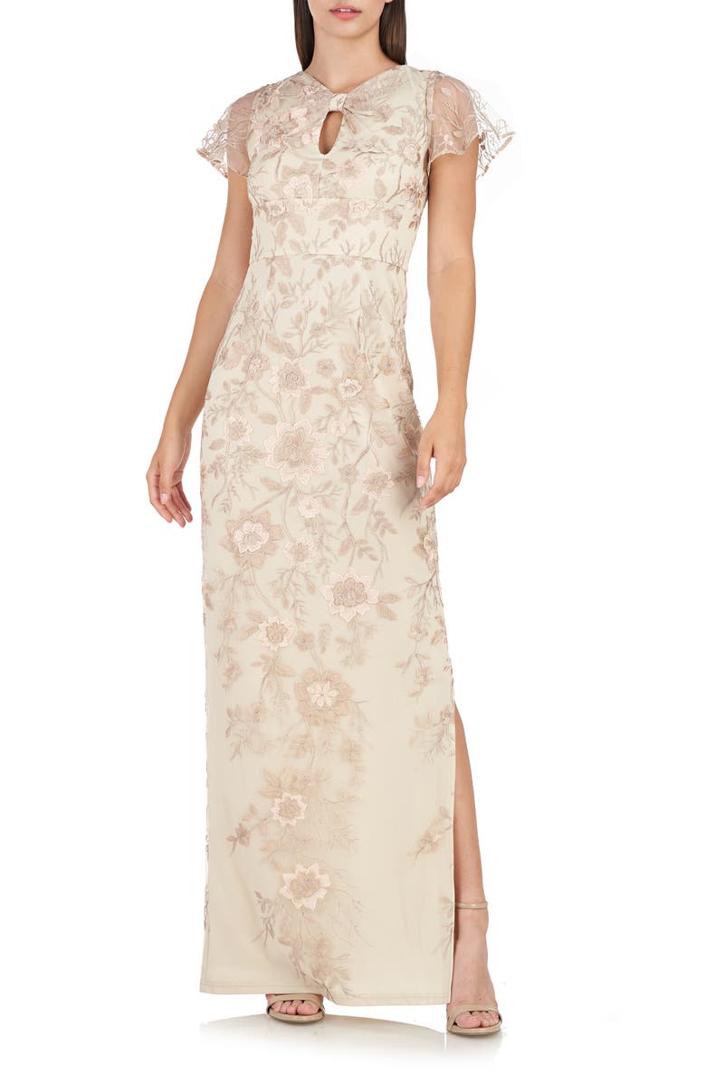 JS Collections Jorden Bow Embroidered Column Gown, Main, color, 