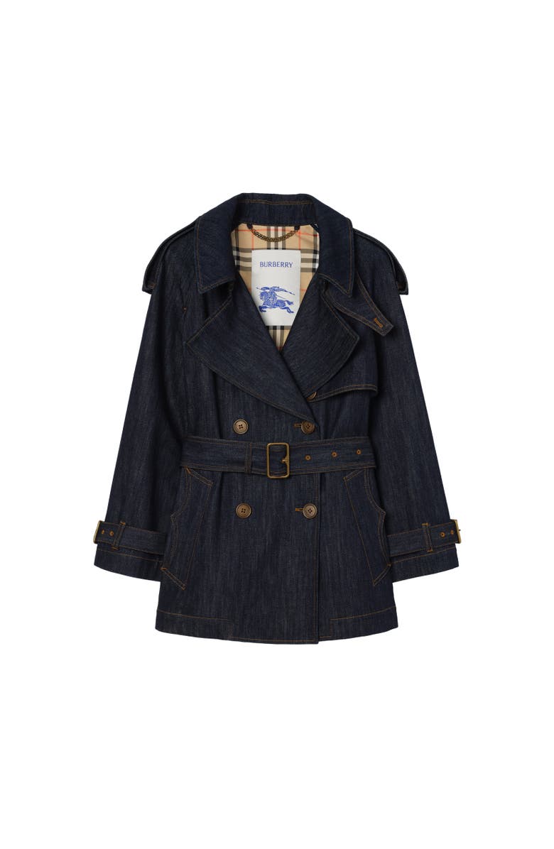 Burberry Short Denim Fitzrovia Trench Coat, Alternate, color, Dark Indigo