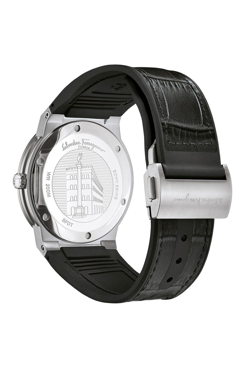 Salvatore Ferragamo F-80 Croc Embossed Leather Strap Watch, 41mm, Alternate, color, BLACK/ SILVER