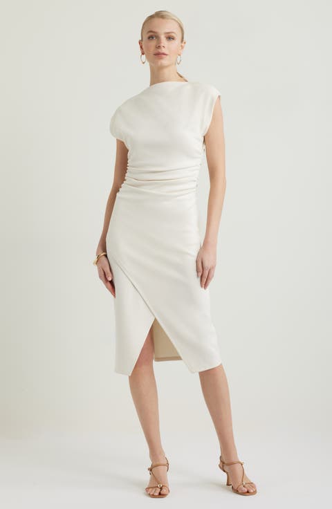 Ruched Funnel Neck Midi Dress
