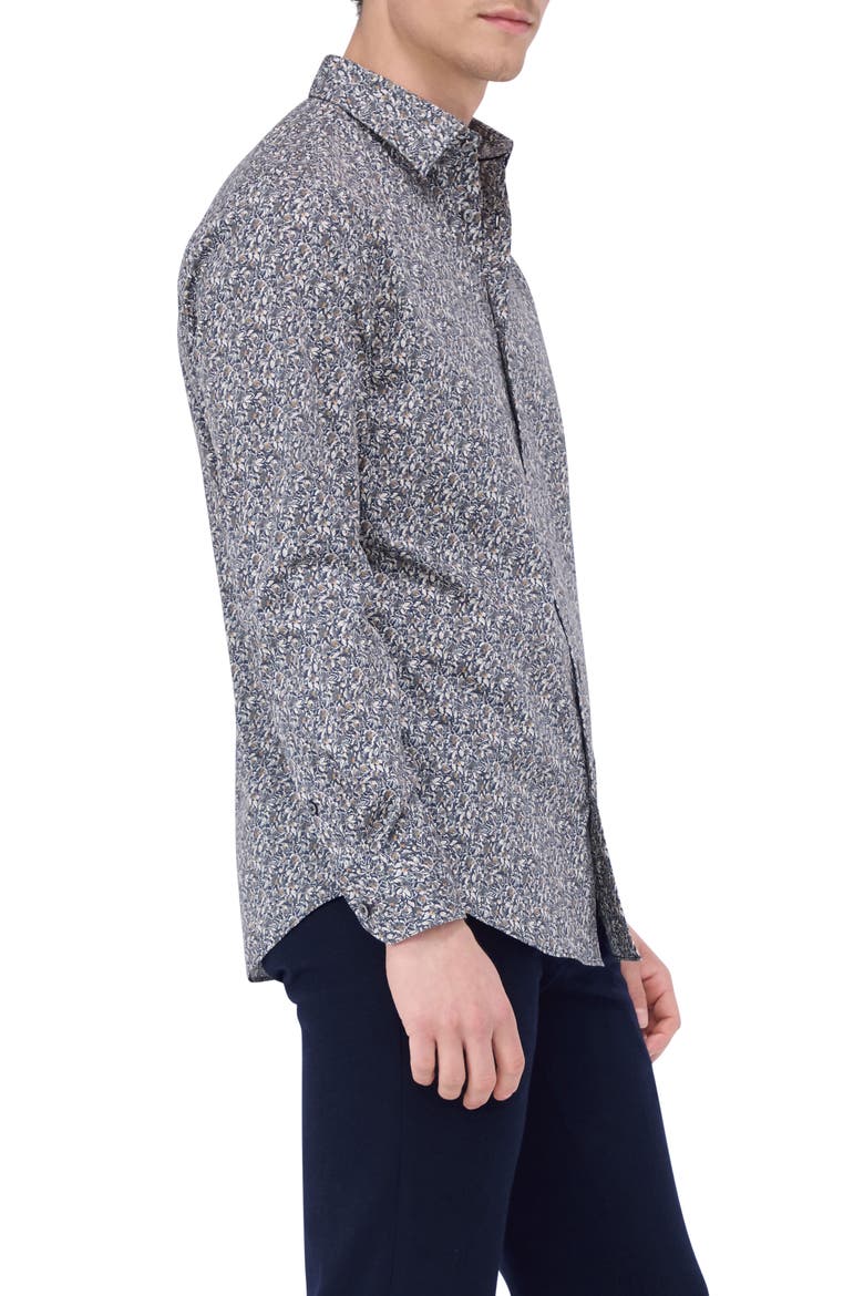 Julian Shaped Fit Leaf Print Button-Up Shirt, Alternate, color, KHAKI
