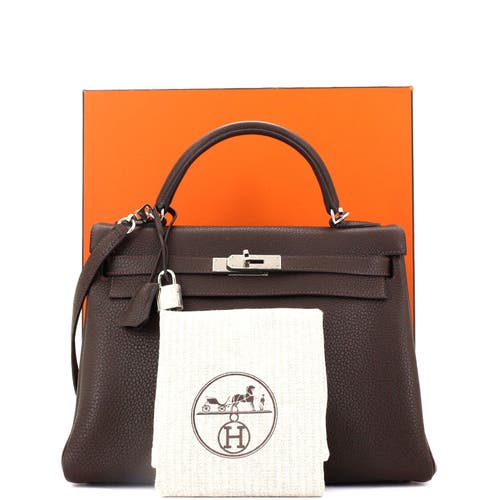 Pre-owned Hermes  Hermes Kelly Handbag Brown Clemence With Palladium Hardware 32 In Brown