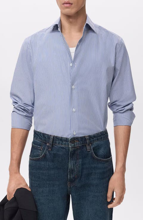 Slim Fit Pinstripe Cotton Button-Up Shirt
