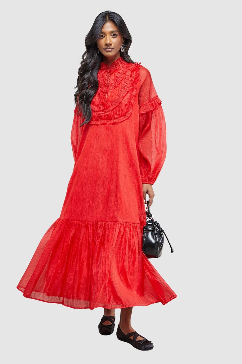 Crinkle Stripe Frill Midi Dress, Main, color, Red