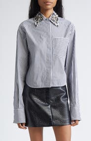SPORTMAX Quagga Stripe Embellished Collar Cotton Button-Up Shirt