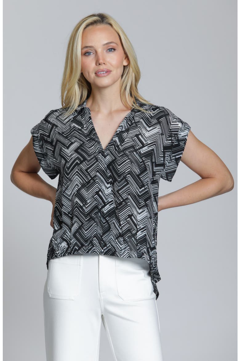 Geo Print Faux Wrap Woven Shirt, Alternate, color, BLACKWHITE
