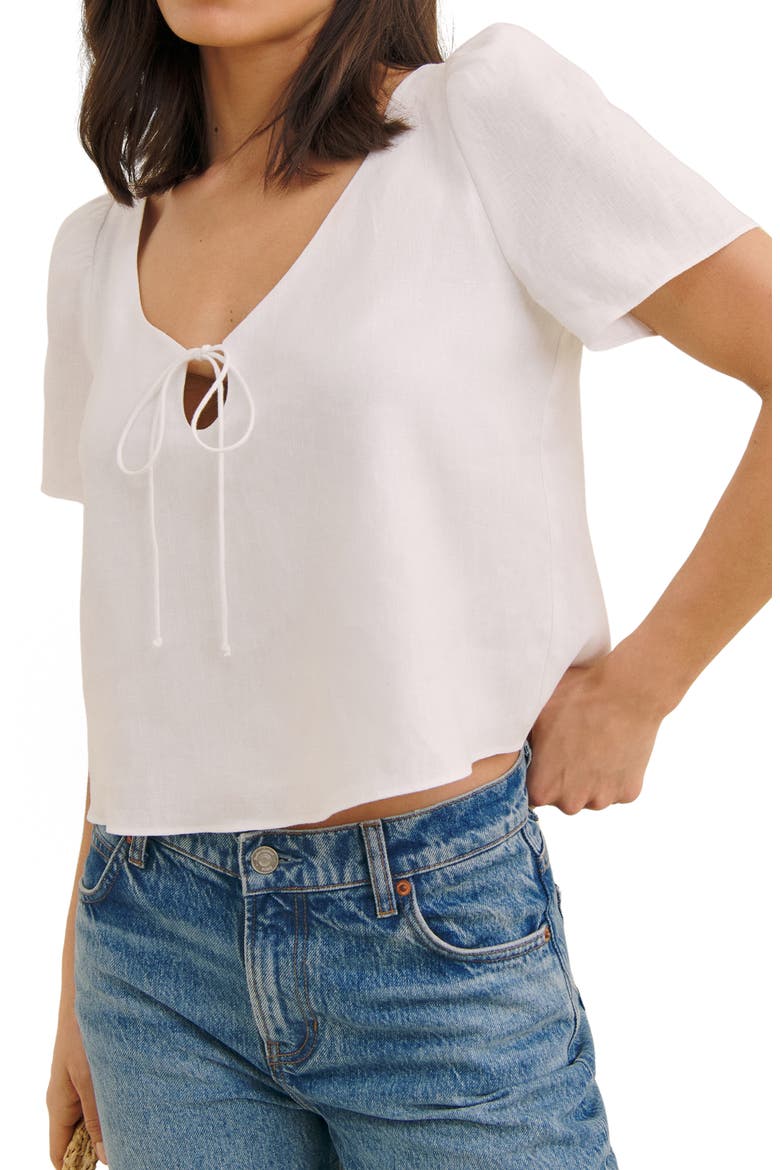 Mayla Tie Keyhole Linen Top, Main, color, WHITE