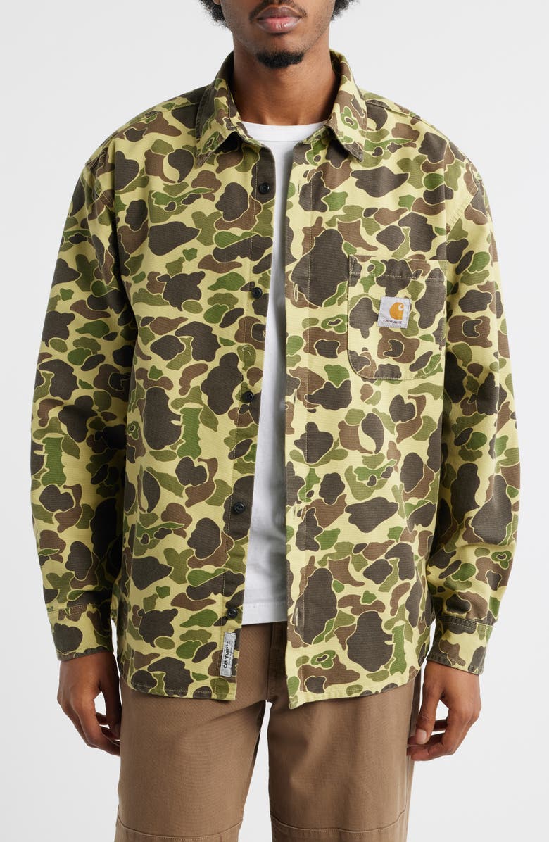 Carhartt Work In Progress Camo Duck Cotton Canvas Button-Up Shirt, Main, color, Camo Duck Green Stone Washed