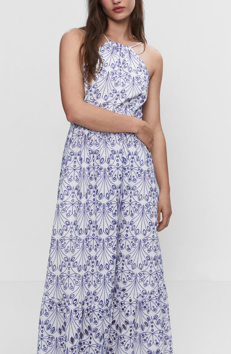 MANGO Embroidered Halter Neck Maxi Dress, Alternate, color, Blue