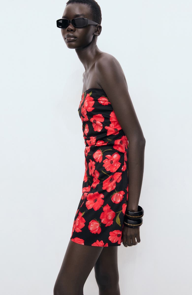 MANGO Strapless Floral Minidress, Alternate, color, Black