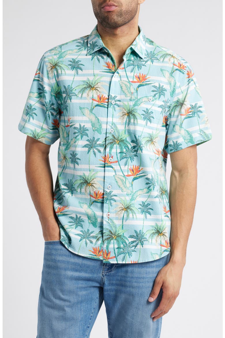 Nova Wave Palmero Stripe Floral Short Sleeve Cotton Seersucker Button-Up Shirt, Main, color, BLUE WHISPER