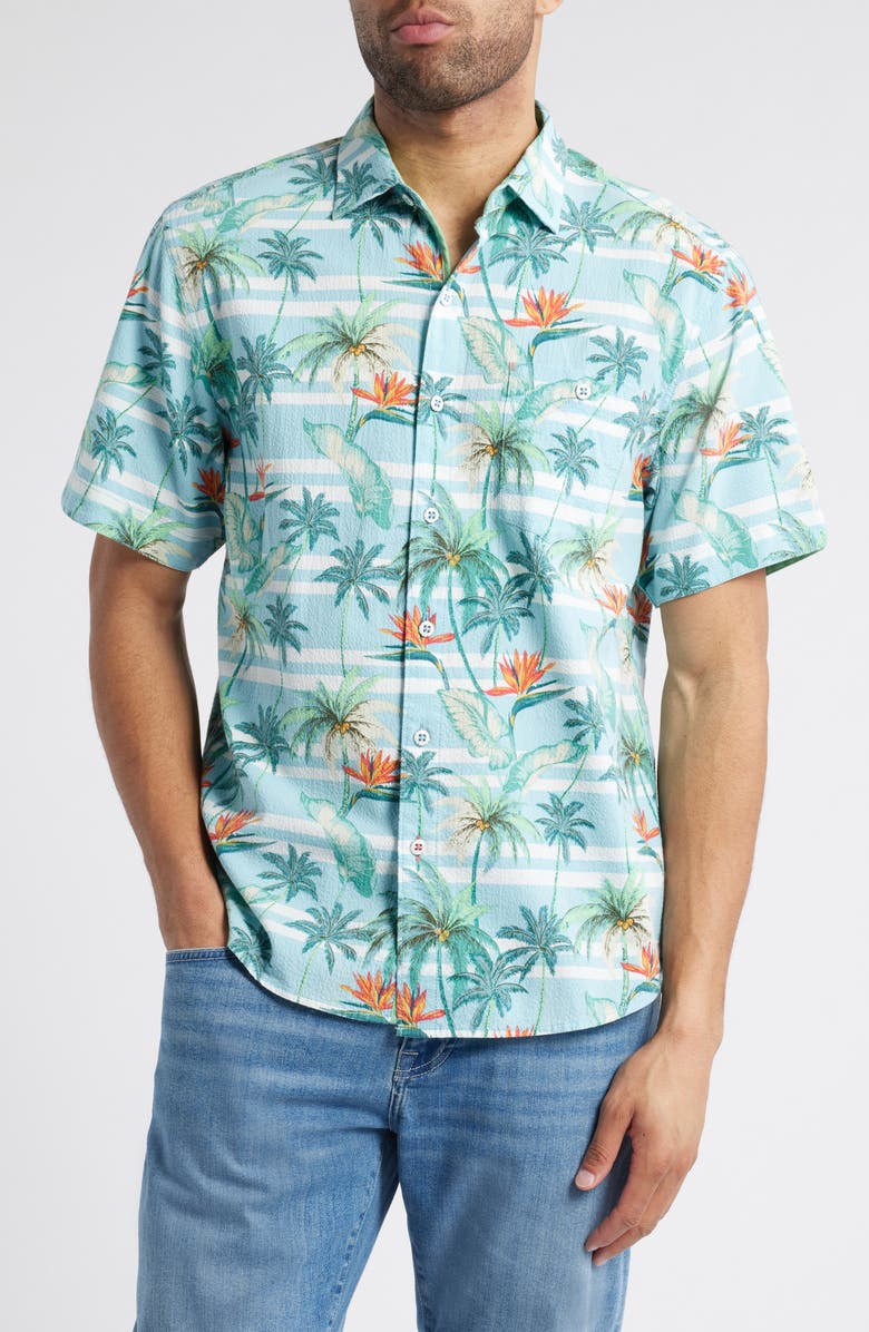 Tommy Bahama Nova Wave Palmero Stripe Floral Short Sleeve Seersucker Button-Up Shirt, Main, color, Blue Whisper