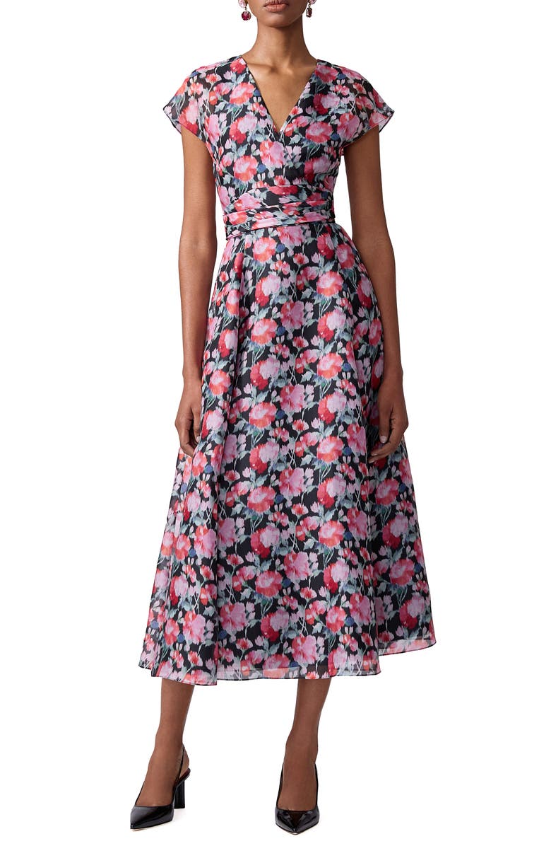 Carolina Herrera Peony Print Cap Sleeve Silk Organza Midi Dress, Alternate, color, Pink Multi