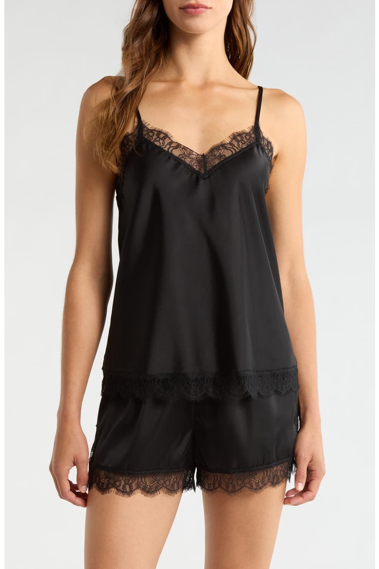 Scalloped Lace Trim Satin Camisole, Main, color, BLACK