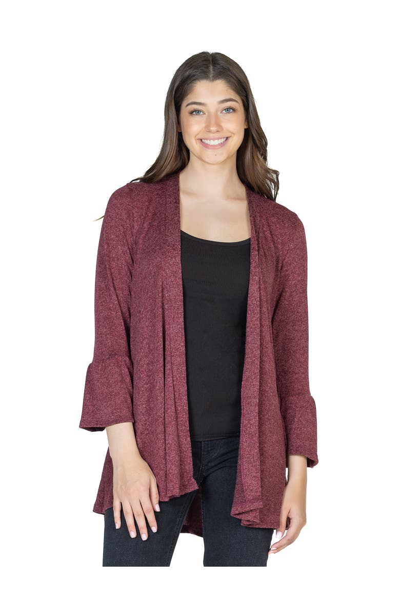 Womens Knit Three Quarter Bell Sleeve Open Cardigan, Main, color, Wine