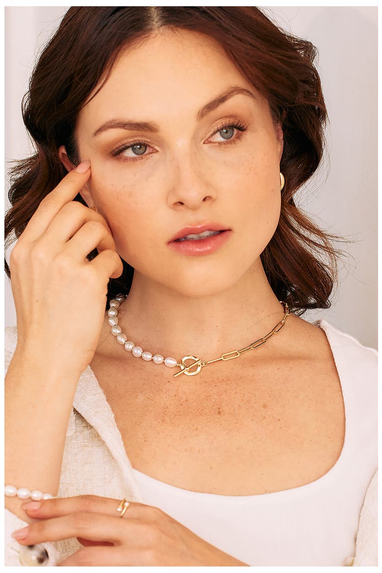 Olive Baroque Freshwater Pearl & Paper Clip Chain Necklace, Alternate, color, GOLD