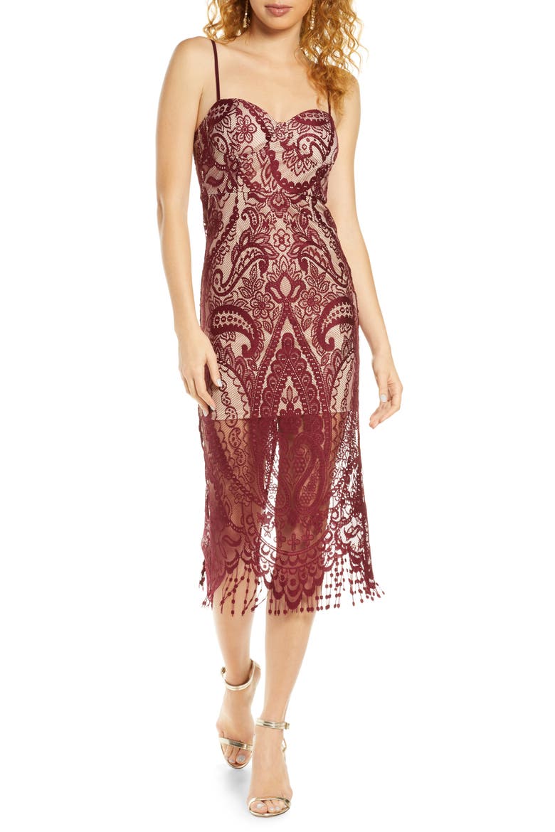 Love Myself Bustier Lace Cocktail Dress, Main, color, BURGUNDY/ NUDE
