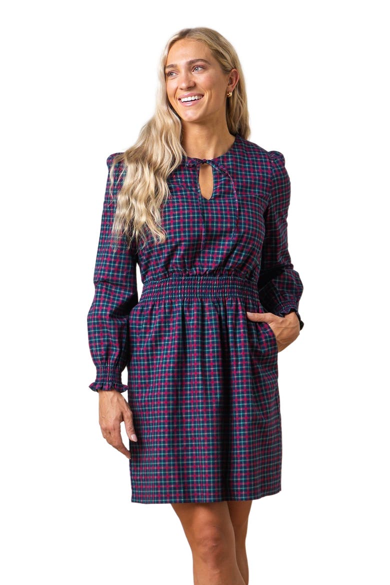 Women's Smocked Keyhole Dress, Alternate, color, Navy Holiday Check