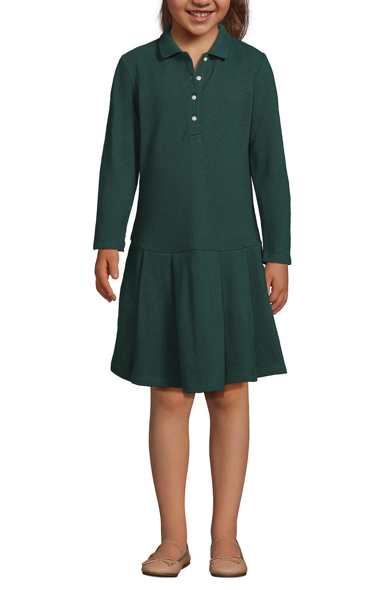 Lands' End Girls Long Sleeve Mesh Pleated Polo Dress, Alternate, color, Evergreen