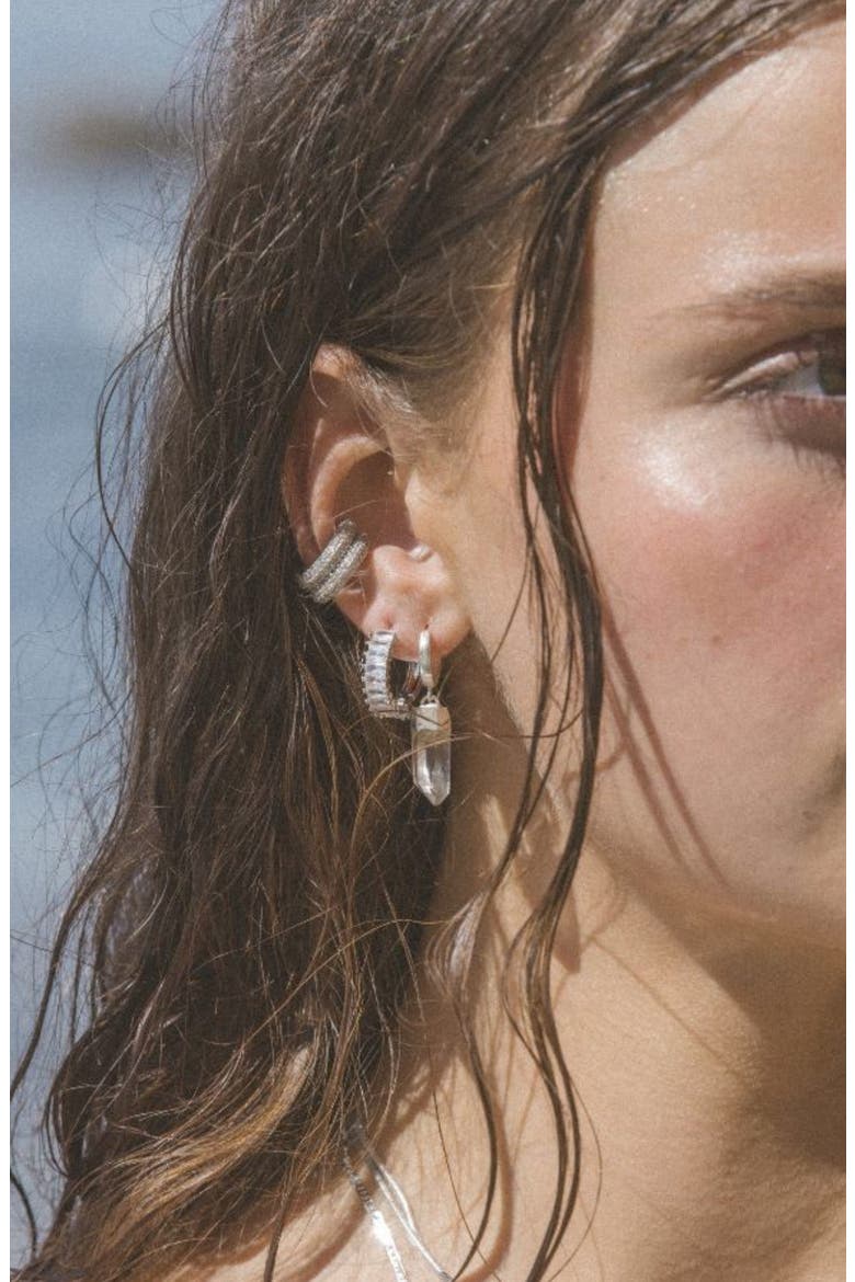 Aura Quartz Huggie Hoop Earrings, Alternate, color, SILVER