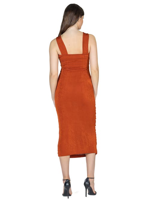 24seven Comfort Apparel Halter Cross Neck Ruched Bodycon Mid Dress In Orange