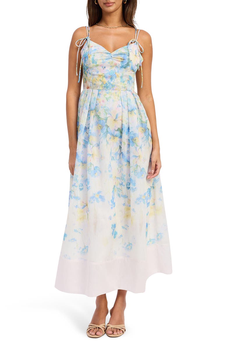 En Saison Vivian Tie Straps Midi Dress, Main, color, Ivory Blue Yellow