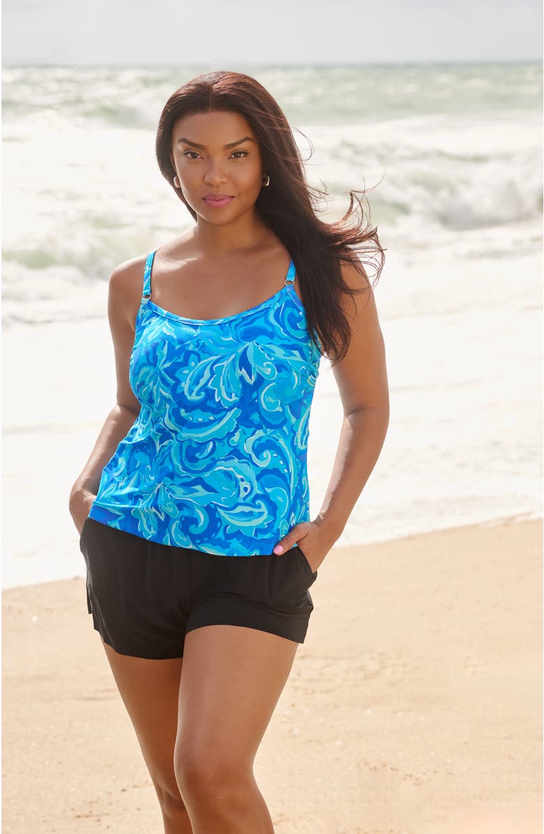 Trimshaper Farrah Scoopneck Swim Romper with Pockets, Alternate, color, Tumbled Paisley