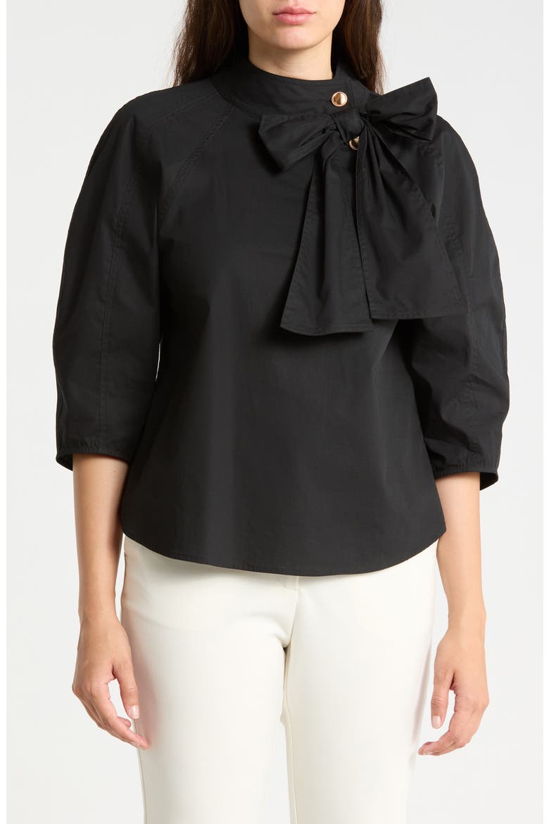 Tie Neck Puff Sleeve Top, Main, color, BLACK