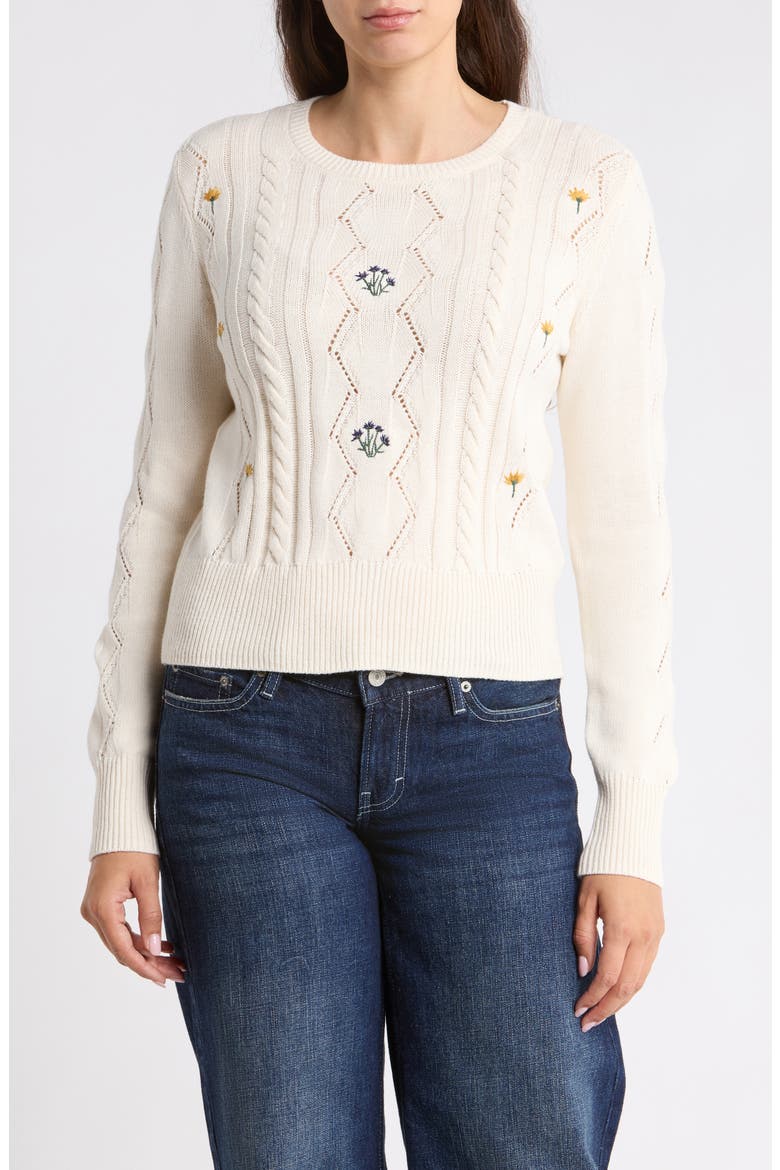 Embroidered Cable Sweater, Main, color, GARDENIA