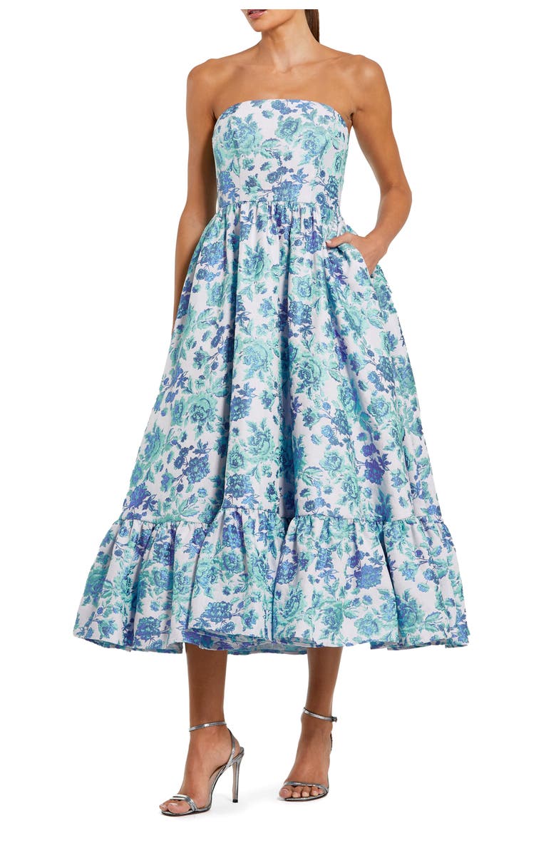 Mac Duggal Floral Brocade Strapless A Line Midi Dress, Main, color, Blue Multi