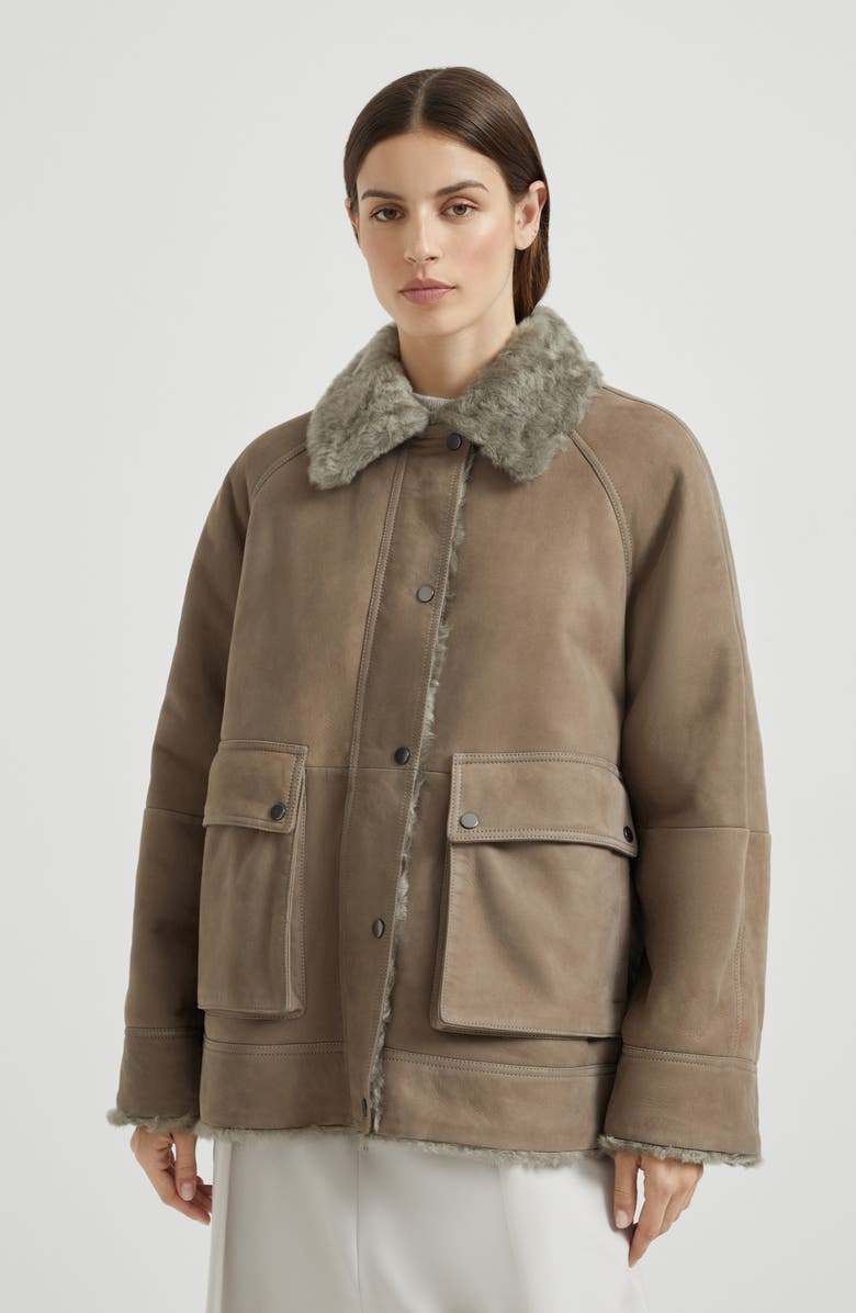Brunello Cucinelli Fuzzy shearling outerwear jacket, Alternate, color, Light Brown